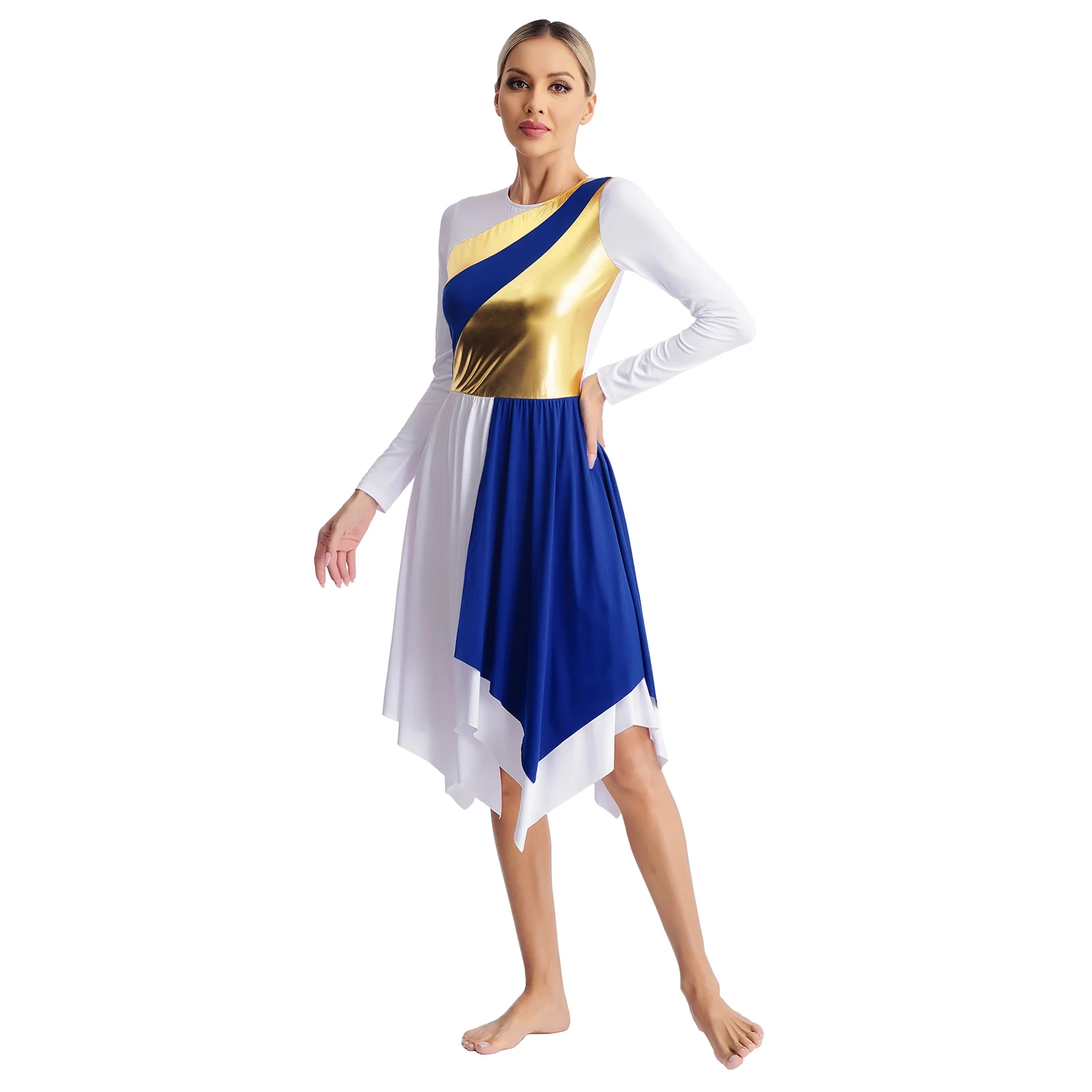 Donne liturgiche culto prestazioni Dancewear abito da ballo lirico manica lunga metallizzato contrasto colore moderno vestito contemporaneo