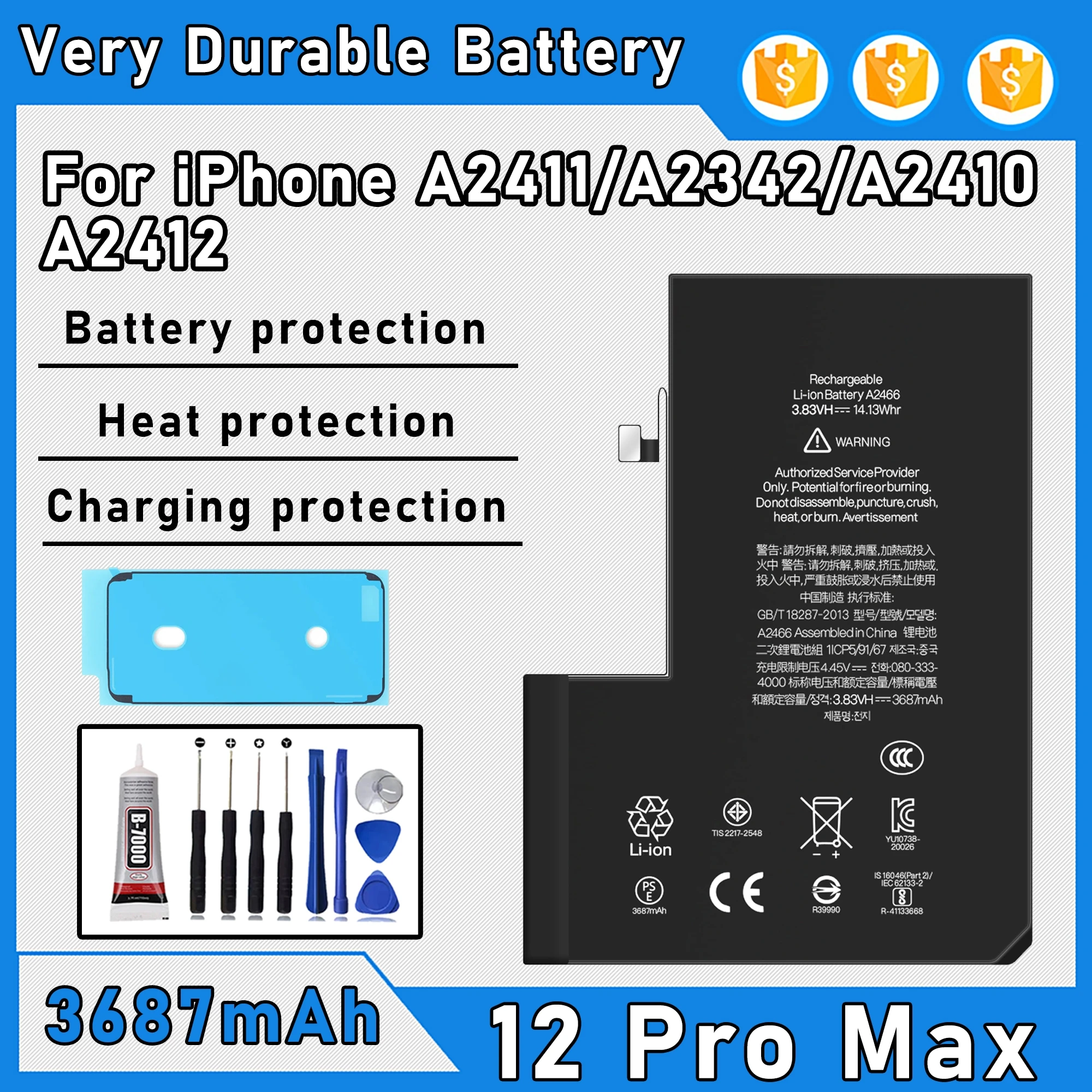 

100% 0 Cycle High Capacity Battery For iPhone 12 Pro Max/A2411/A2342 Phone Bateria+Free Tool Kit