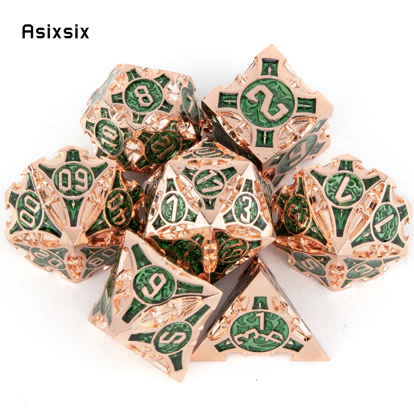 7 Pcs Golden Green Metal Dice Solid Metal Polyhedral Dice Set Suitable for Role-Playing RPG    Board Game Card Game