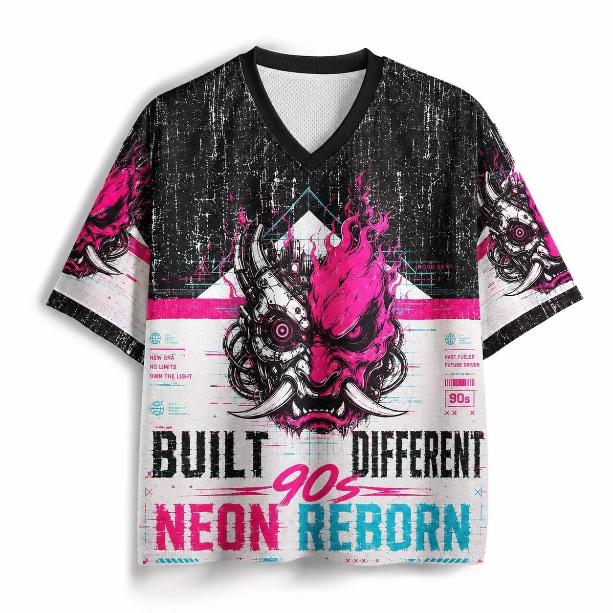 Cyberpunk Prajna Ghost Mask Theme V-neck Mesh T-shirt Pink Blue Contrast Printed Summer Trendy Sports Jersey