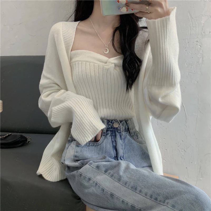 Two Pieces Sets Knitted Cardigan Elegant Women Slim Knitwear Sweater Autumn Winter Loose Solid Long Sleeves Knitwear Jumpers