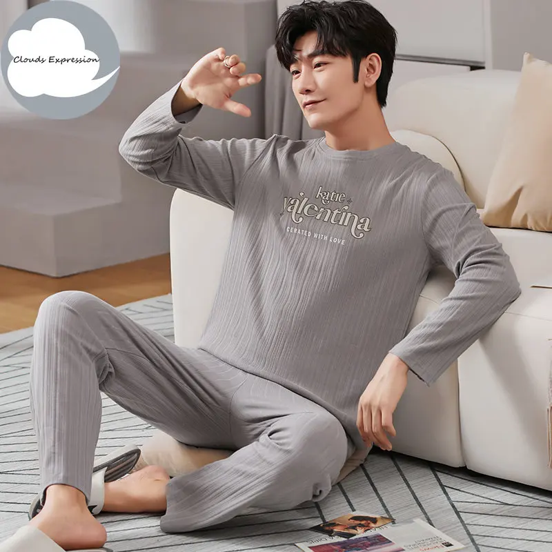 Autumn Winter Knitted Cotton Cartoon Men\'s Pyjamas Couple Pajamas Set Casual Male Sleepwear Pyjamas Night Pijamas Homewear 4XL