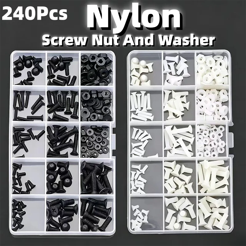 240Pcs M3 M4 M5 Plastic Black White Phillips Cross Nylon Flat Head Insulate Screw Nut And Washer Assortment Kit Countersunk Bolt