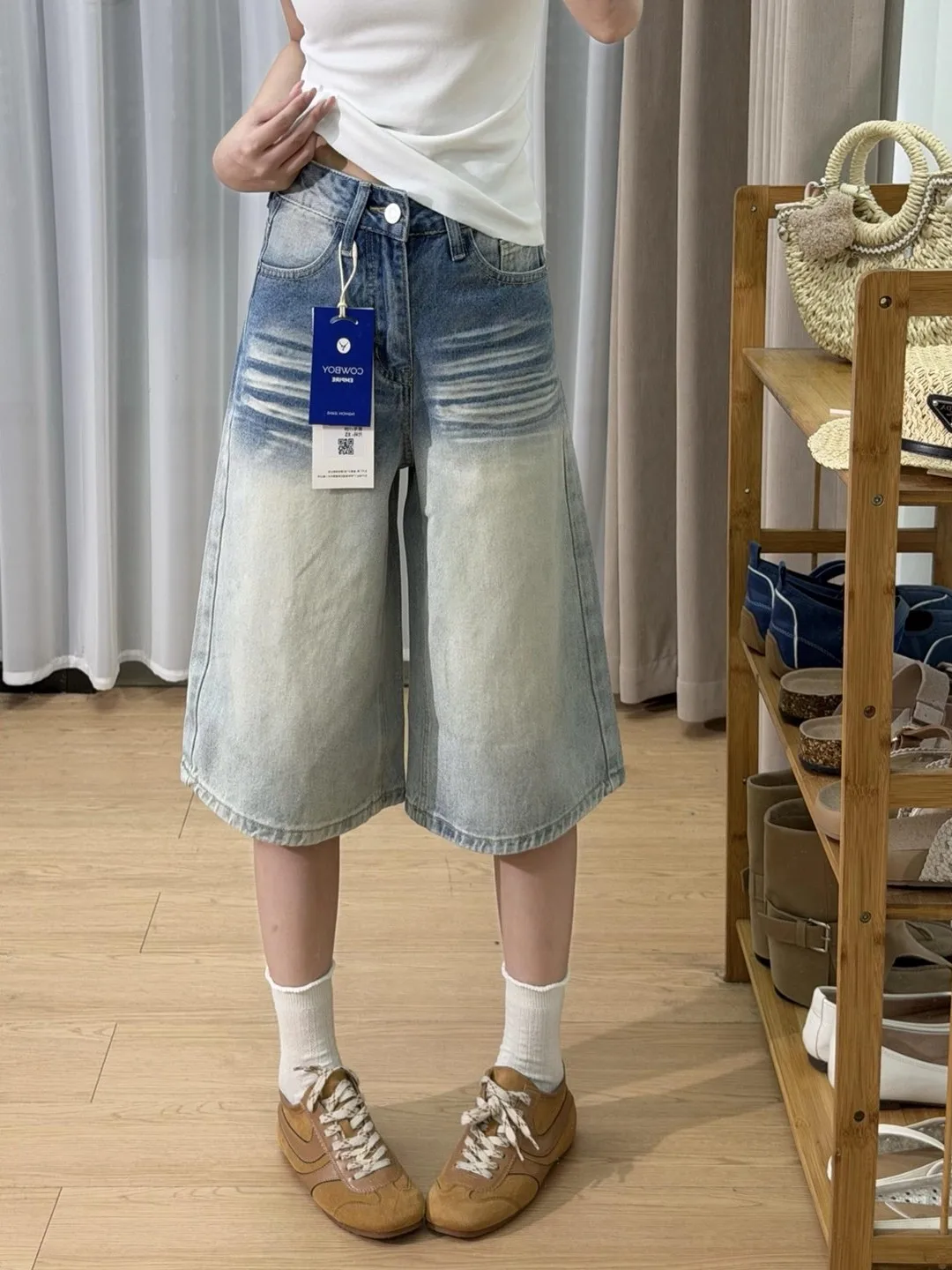 

American Style Vintage Jeans Women's Small Size Summer Super Popular High Waist Loose Wide Leg Slimming Seven-Foot Pants