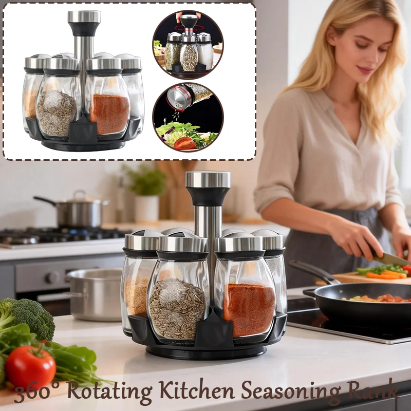 

Top Seller 7PCS Rotating Spice Jar Rack Set - Black Stainless Steel & Lead-Free Glass Seasoning Bottles for Kitchen Countertop