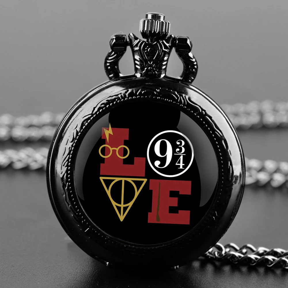 LOVE Vintage Black Quartz Pocket Chain Watch Necklace Watches For Men Kids Birthday Unique Gifts Mens Pocket Watches