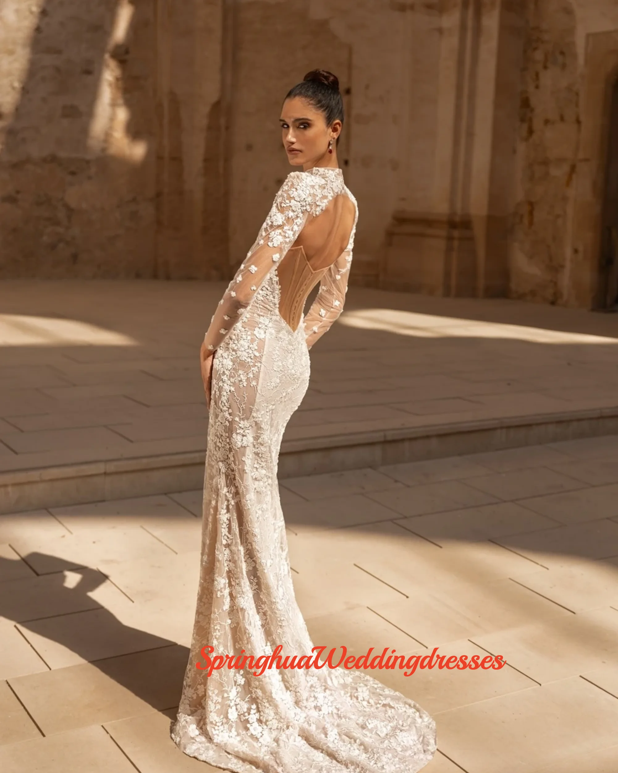 Customzied Detachable Sleeve Beaded Appliques Wedding Dress Illusion Backless Mermaid Long Bridal Gown New  Dresses For Bride
