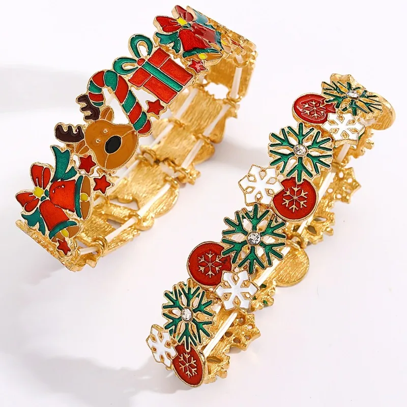 Christmas Enamel Stretch Bangles Reindeer Candy Cane Gift Box Elastic Bracelet X‑mas Party Holiday Jewelry Gift for Women Girls