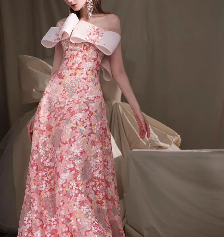 customized evening dress Off Shoulder Big Three-Dimensional Bow Collar Pink Floral Sequin Lace Slim Fit Floor Length Formal