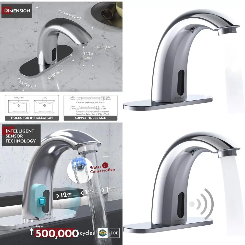 

Battery or Plug-in Touchless Infrared Sensor Faucet, Chrome-Plated, for Commercial Bathroom Sinks with Temperature Control