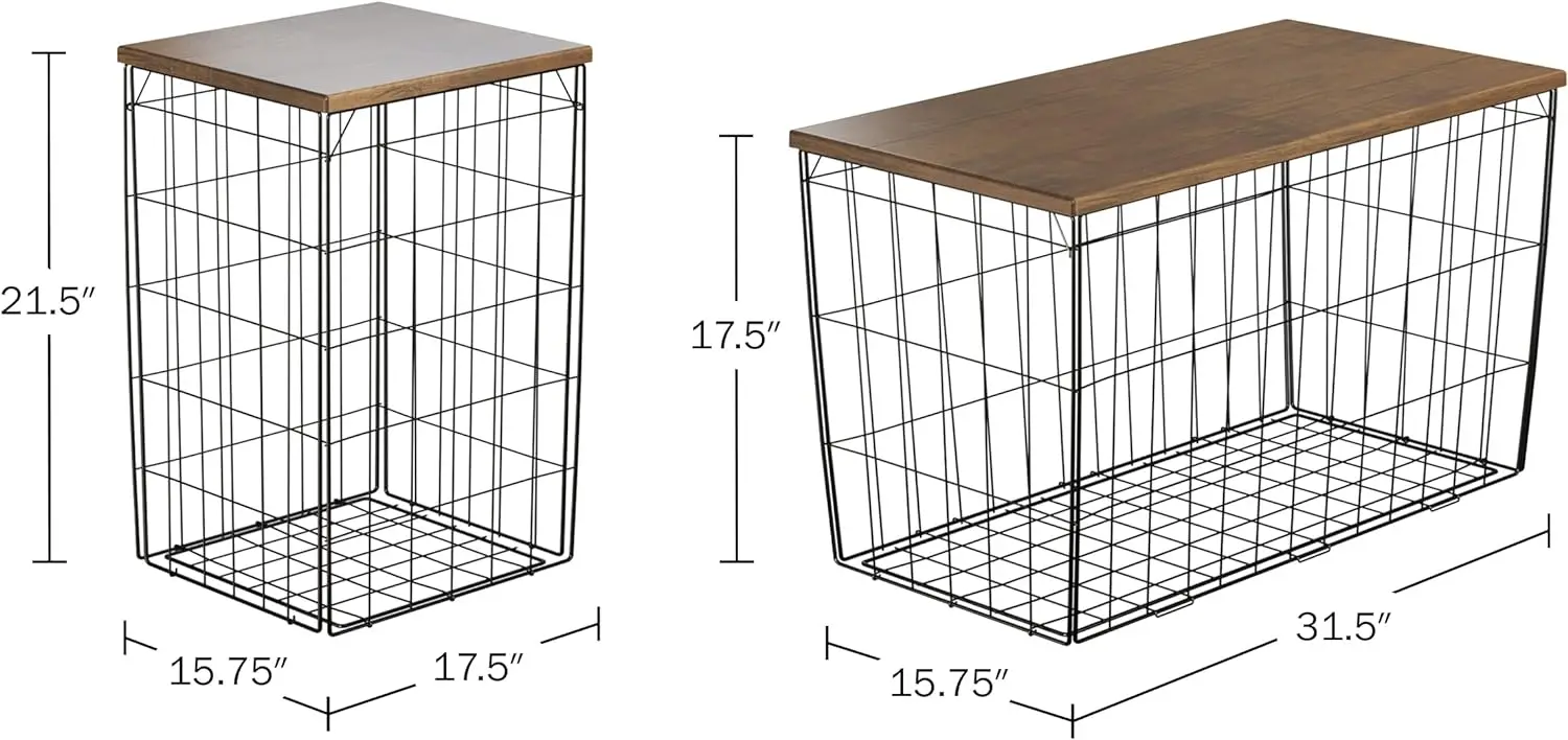 Nesting End Tables with Metal Basket Storage and Wood Tops for Home, Living Room, and Office, Set of 3