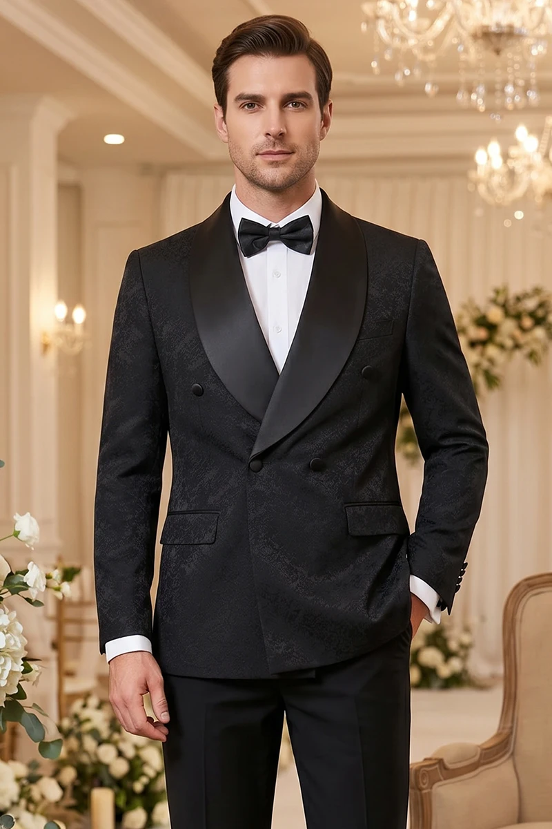 

Wedding groom dress suit black luxury 2-piece set men suit shawl collar double breasted business casual suit Jacquard pattern