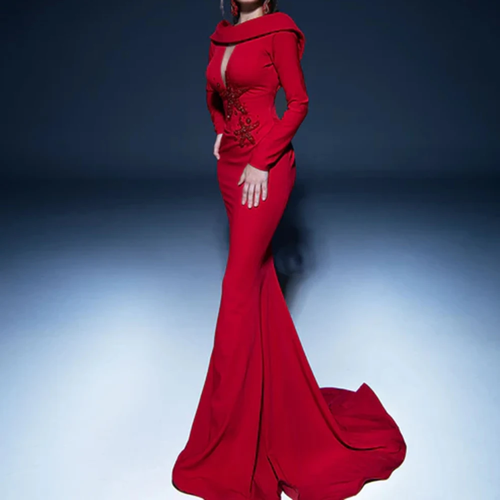 

Customized Mermaid Evening Dresses Floor-length Scoop-neck Full Sleeve Prom Gown Fashion Sequined Simple Draped Party Gown