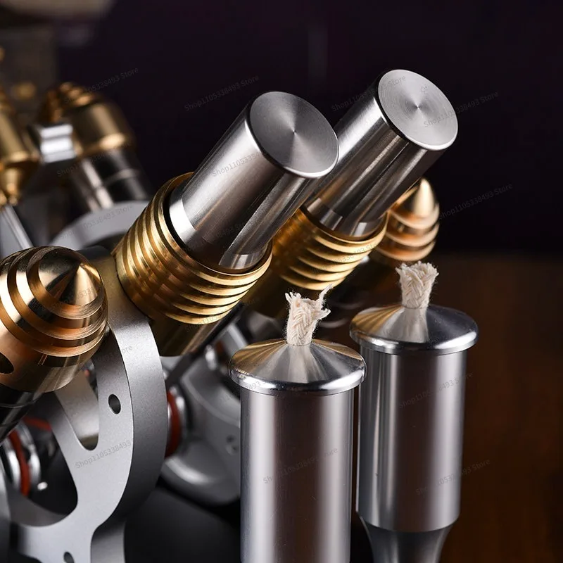 Precision High-end Manufacturing All-metal Can Start V4 Twin-cylinder Four-cylinder Stirling Engine Generator Set Antique Engine