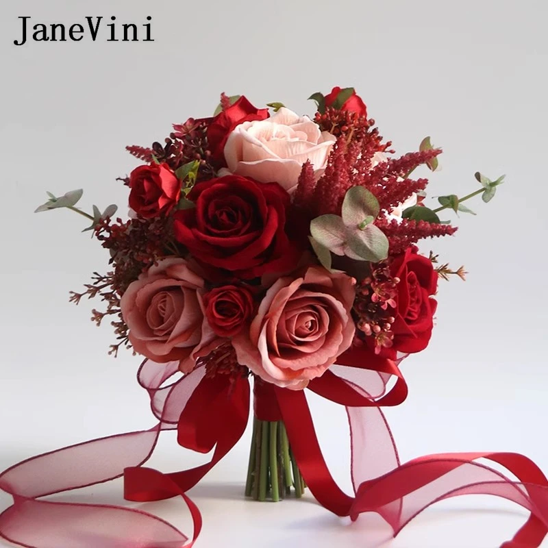 

JaneVini Vintage Red Pink Roses Wedding Bouquets Bridal Artificial Flowers Eucalyptus Bride Wedding Accessories Casamento 2025