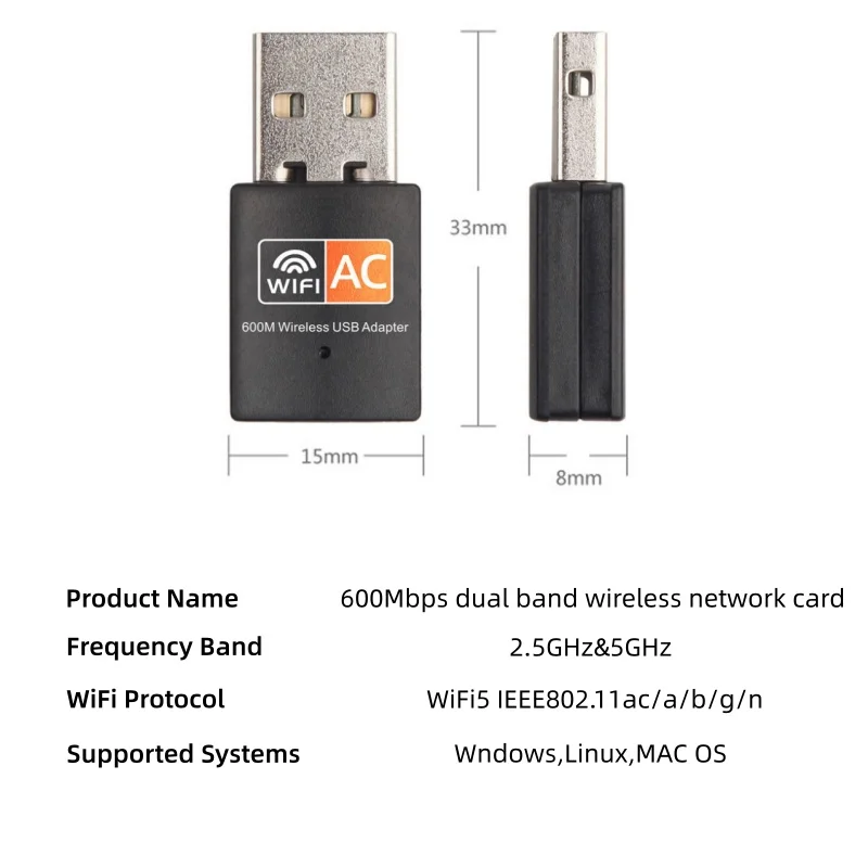600Mbps USB Wireless Network Card Dual Band 2.4G/5GHz WiFi Adapter Dongle Built-in Antenna Driver Free Suitable for PC/Loptop