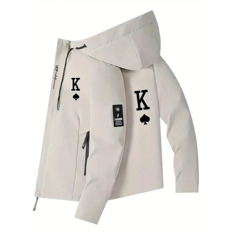 

Мужская модная куртка с капюшоном и принтом в виде пикового козырька, легкая ветрозащитная куртка, приталенный крой, длинные рукава, без пояса.