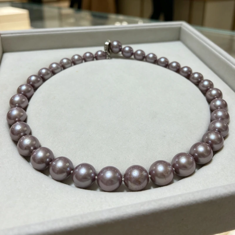 Natural 12-14mm Light Purple Pearl Necklace, Single Strand, Genuine Round Beads, 925 Sterling Silver
