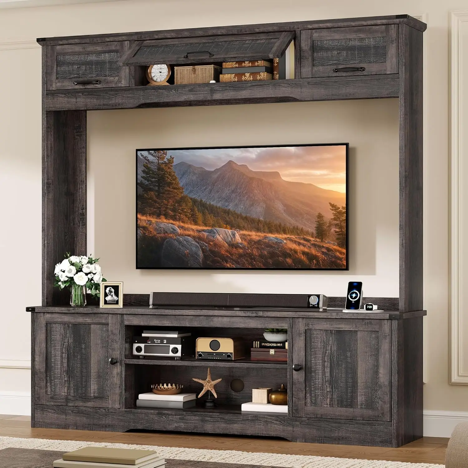 #Wall Unit TV Console Power Outlet Adjustable Shelf Flip Storage Media Stand Living Room