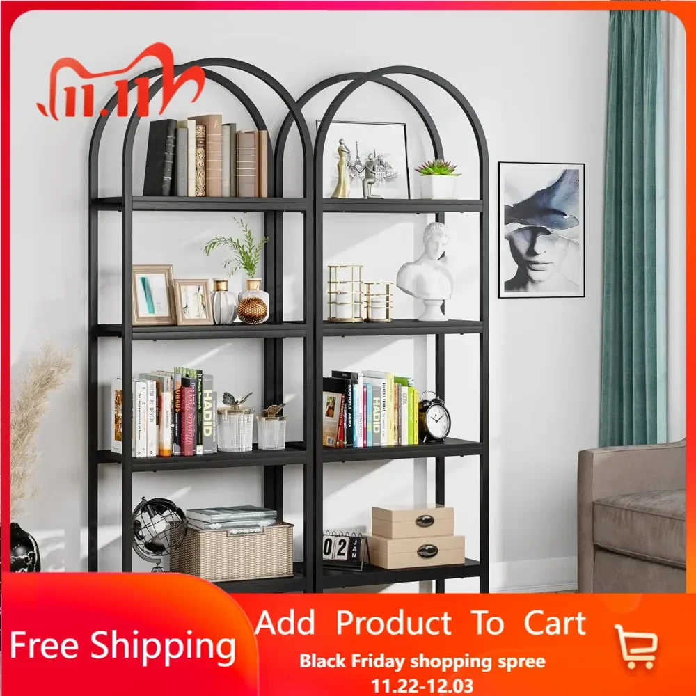 4-Tier Open Bookshelf Set of 2, Industrial Wood Bookcase with Metal Frame, Freestanding Display Rack Tall Shelving Unit