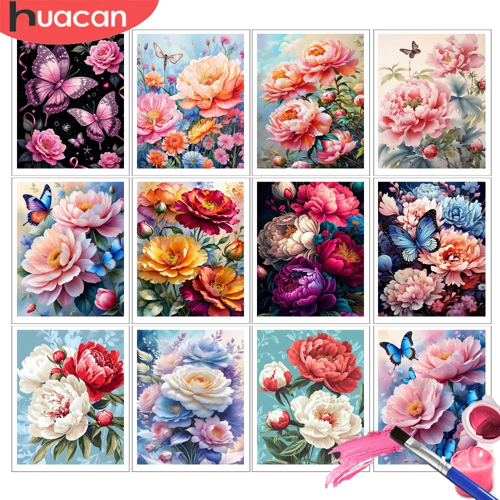 HUACAN Malen nach Zahlen für Erwachsene, Pfingstrosen-Blumen-Sets, Leinwand zum Malen, bunte Farben auf Leinwand, Rosen-Blumen-Kunst-Sets