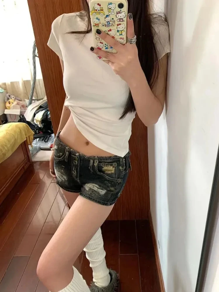 Summer Women Dark Academia 2000s Kpop Japanese Gyaru Hole Jean Shorts Ripped Denim Hot Pants Y2k Streetwear Harajuku E-girl Sexy