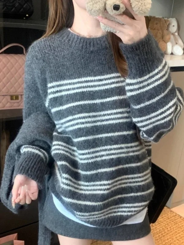 Maglione pullover coreano Sle rotondo Ne Thiened Sciarpa dimagrante casual autunno inverno Faion da donna a righe larghe calde