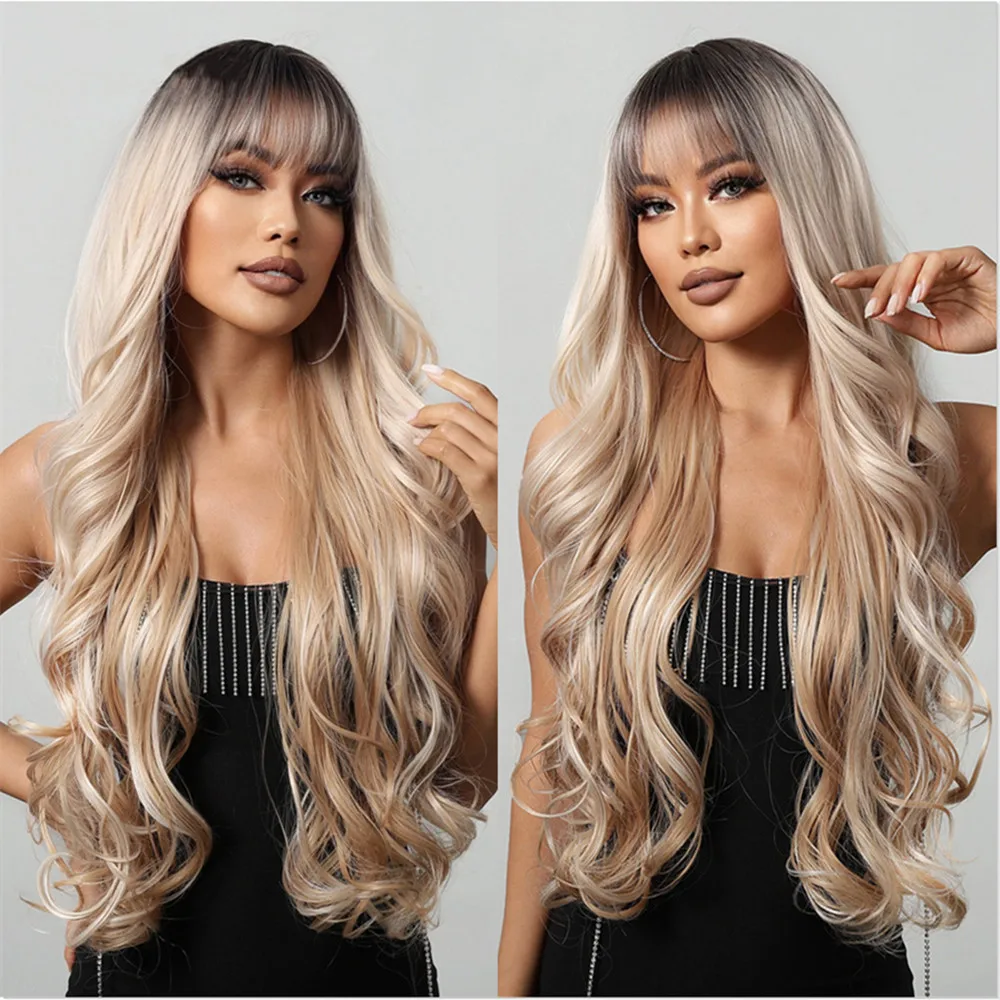 HENRY MARGU Ombre Blonde Synthetic Wig Long Wavy Wig with Bangs Highlight Mixed Blonde Hair Natural Looking Heat Resistant Fiber