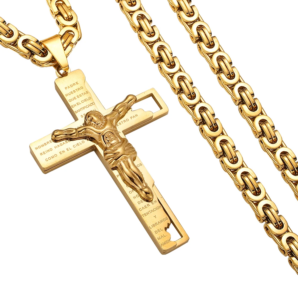 Religious Men Stainless Steel Jesus Crucifix Cross Pendant Necklace Heavy Byzantine Chain Necklaces Christmas Jewelry Gifts