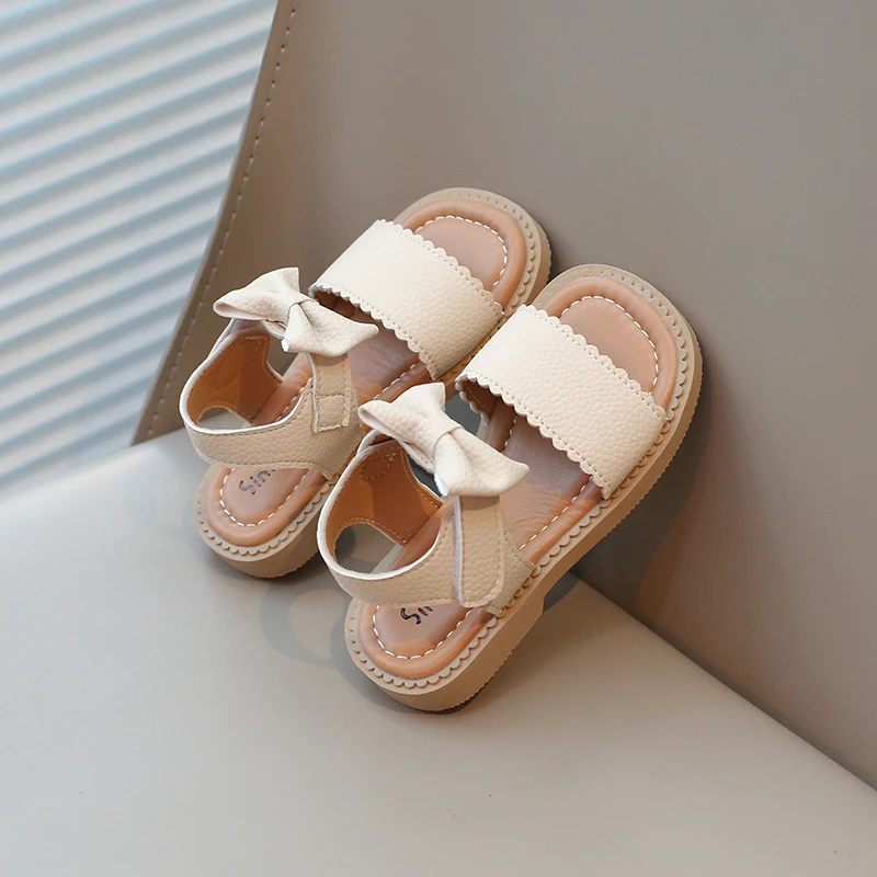 Baby Girls Summer Solid Color Bow Princess Square Head Kids Beach Casual Comfort Sandals Children Elegant Student Flat Bottom