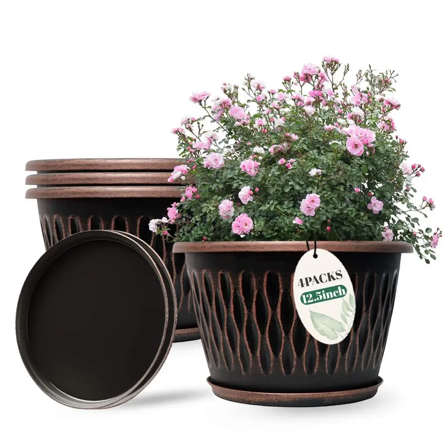 

Набор из 4 ретро-кашпо для растений, 12 дюймов, винтажные полосатые цветочные горшки с дренажным отверстием и поддоном, большие пластиковые кашпо для дома и улицы