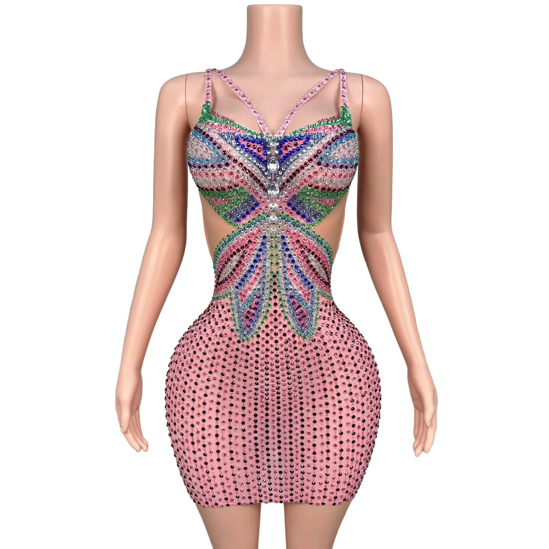 Shumei Luxury Pink Base Full Small Rhinestone Mini Gown Colorful Butterfly Rhinestone Bust Thin Straps Rave Festival Dress