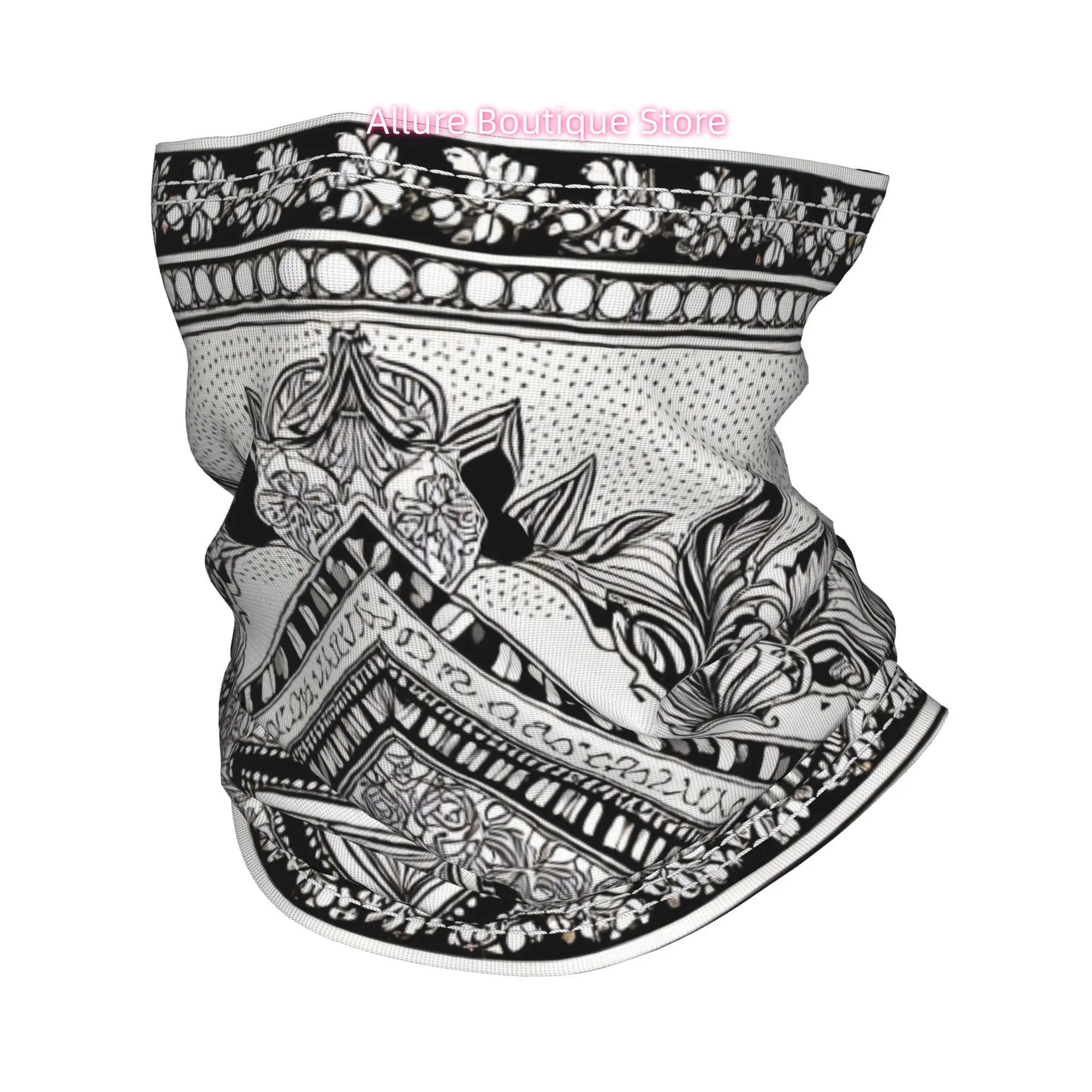 Ornate Black & White Square Wrap Scarf & Balaclava - Symmetrical Floral Paisley Bandana with Geometric Borders, Breathable Washa