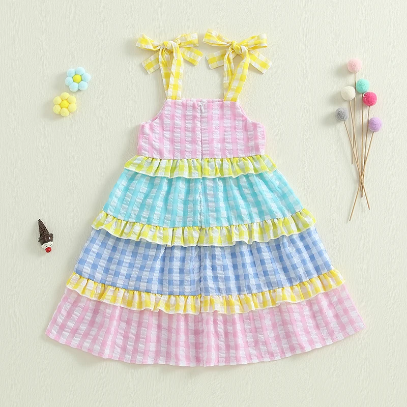 Toddler Girl Summer Sweet Dress Plaid Print Tie-up Sleeveless Tiered Ruffled A-Line Dress for 0-4 Years