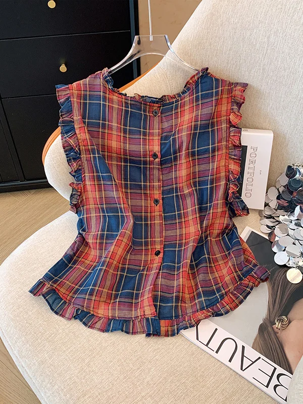 

Summer Korean Sle Faion Young Looking Plaid Linen Svel irt Women's Double Sided Wear Trendy Small Top