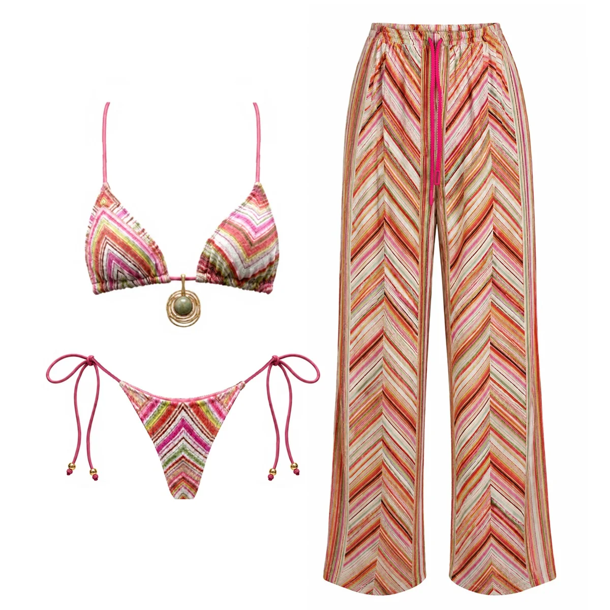 Bandeau 3 Pcs Bikini 2026 Sexy Women Swimsuit Swimwear Female Pants Cover Up Crochet Bikini Set Beachwear Bathingsuit Swim Suit