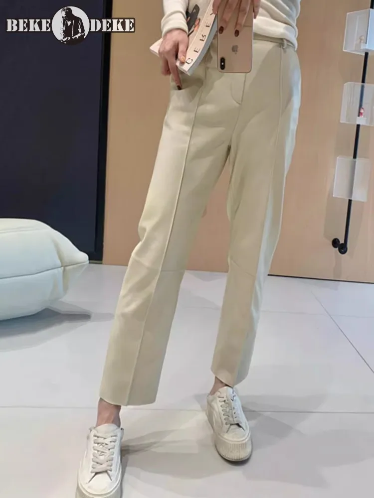 Women Genuine Leather Pants Fashion Ankle Length Trousers Solid Color New High Waist Office Ladies Real Sheepskin Straight Pants