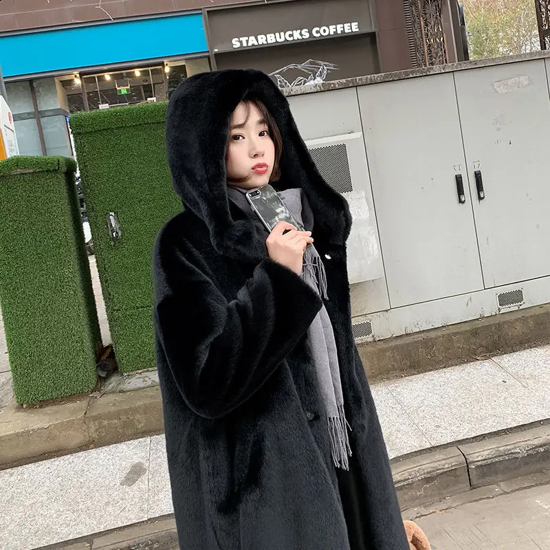 الخريف والشتاء جديد تقليد فرو المنك معطف المنك سميكة طويلة فضفاضة معطف مقنع للنساء الخفيفة الفاخرة #4