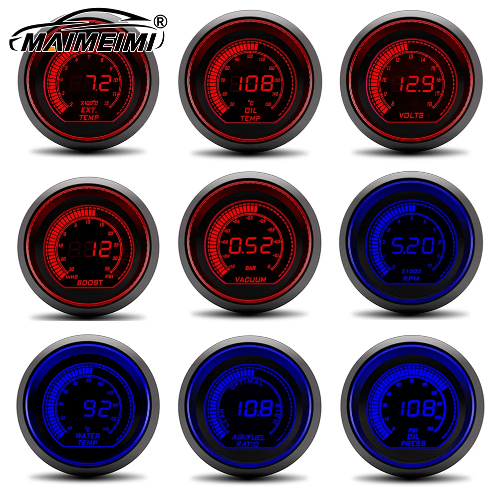 Round 52mm Blue & Red Backlight Boost/Tachometer/Air Fuel Ratio/Exhaust Temp/Water Temp Oil Temp/Voltage Instrument LCD Display