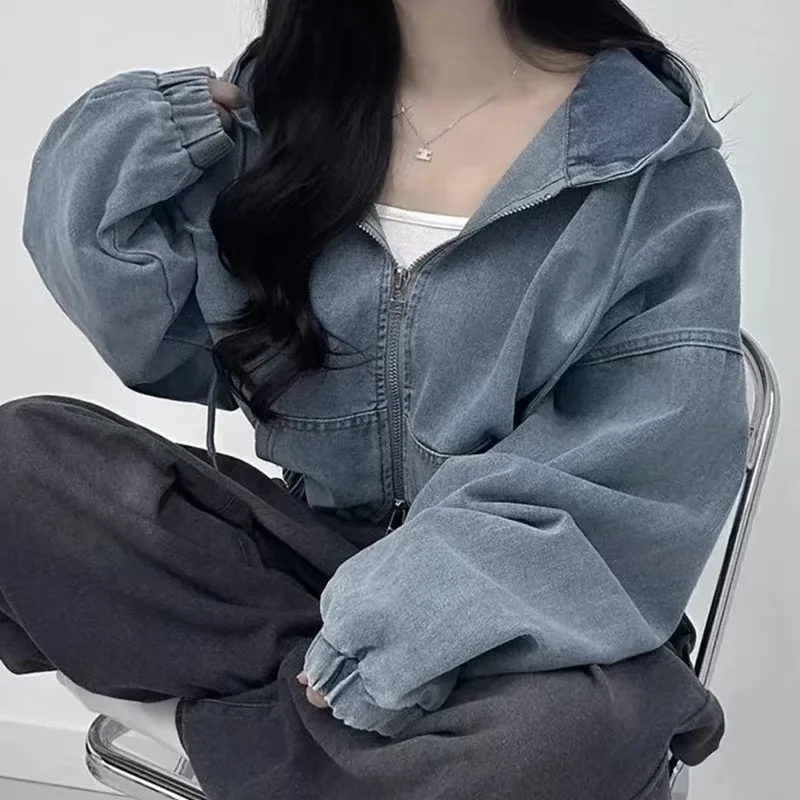 

Vintage 2025 New Women's Denim Jacket Korean Chic Spring Autumn Double Zipper Loose Casual Hooded Denim Coat Top Female