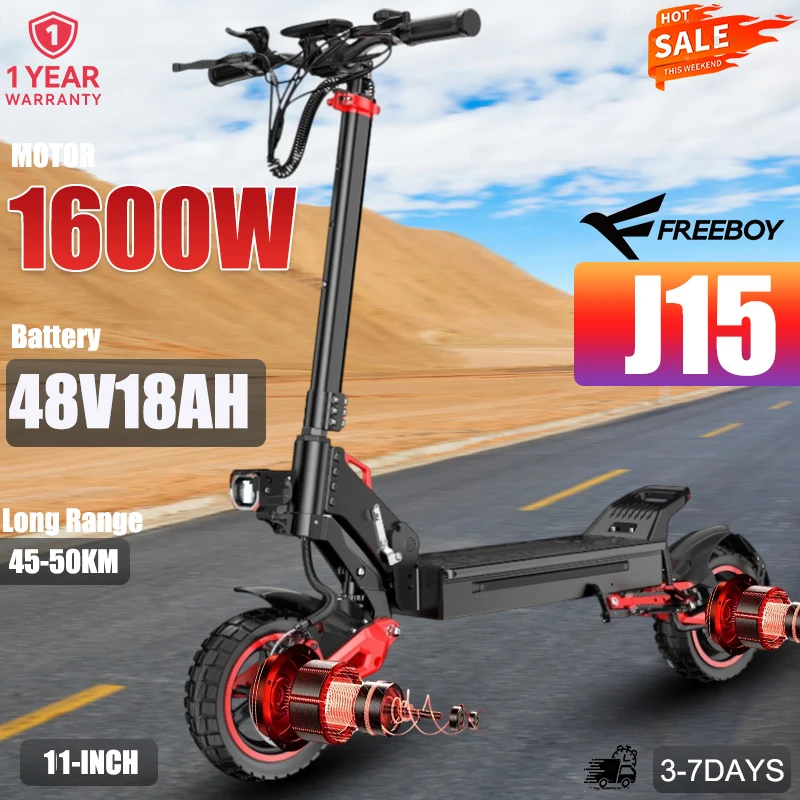 Trottinette Électrique J15 1600W 48V18AH | Pneus 10" Tout-Terrain | 50km/h 50KM | Double Suspension | Freins Disque | IPX5 | 120kg Charge | Off-road | Livraison Rapide