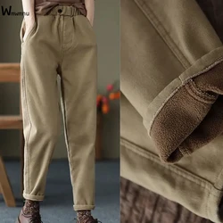 Women Khaki High Waist Plus Velvet Ankle-length Pants Winter Casual Thick Warm Harem Trousers Loose Pantalon Cotton Sweatpants