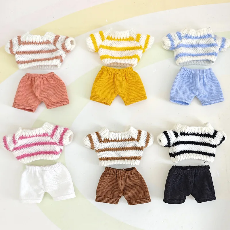 Roupas de boneca labubu 15cm/17cm, shorts universais e suéter listrado, conjunto para bonecas labubu i/ii idol, festa sentada