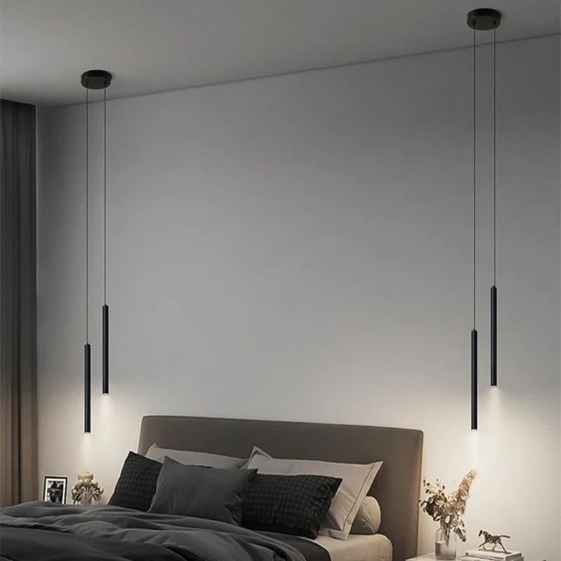 Minimalist LED Pendant Lights Black White Hanging Chandeliers Living Room Bedside Lights Long Tube Bar Pendant Lamp Suspension