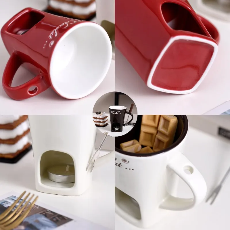 Europäische Keramik-Tasse zum Schmelzen von Käse und Schokolade, Heizbare Keramik-Tasse mit Gabel, Kreative Kaffeetasse, Tischgeschirr