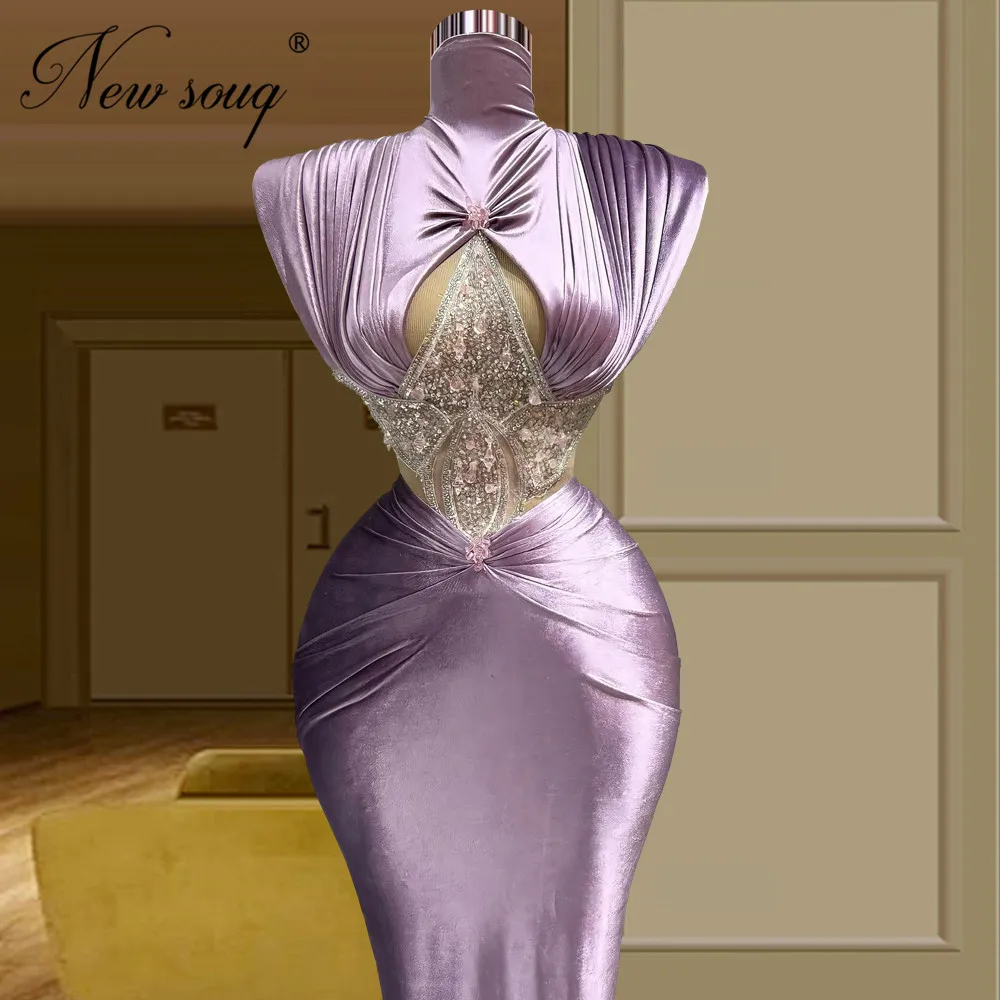 Bespoke Paars Lange Avondjurken Arabisch Dubai Kralen Satin Mermaid Red Carpet Runway Jurk New Fashion Wedding Party Dress