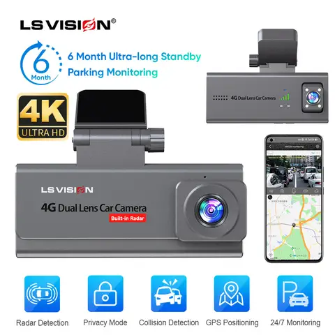 LS VISION 4K 4G 자동차 감시 카메라 GPS 듀얼 렌즈 Dashcam 인간 감지 모든 라운드 24/7 주차 카메라 6개월 긴 대기