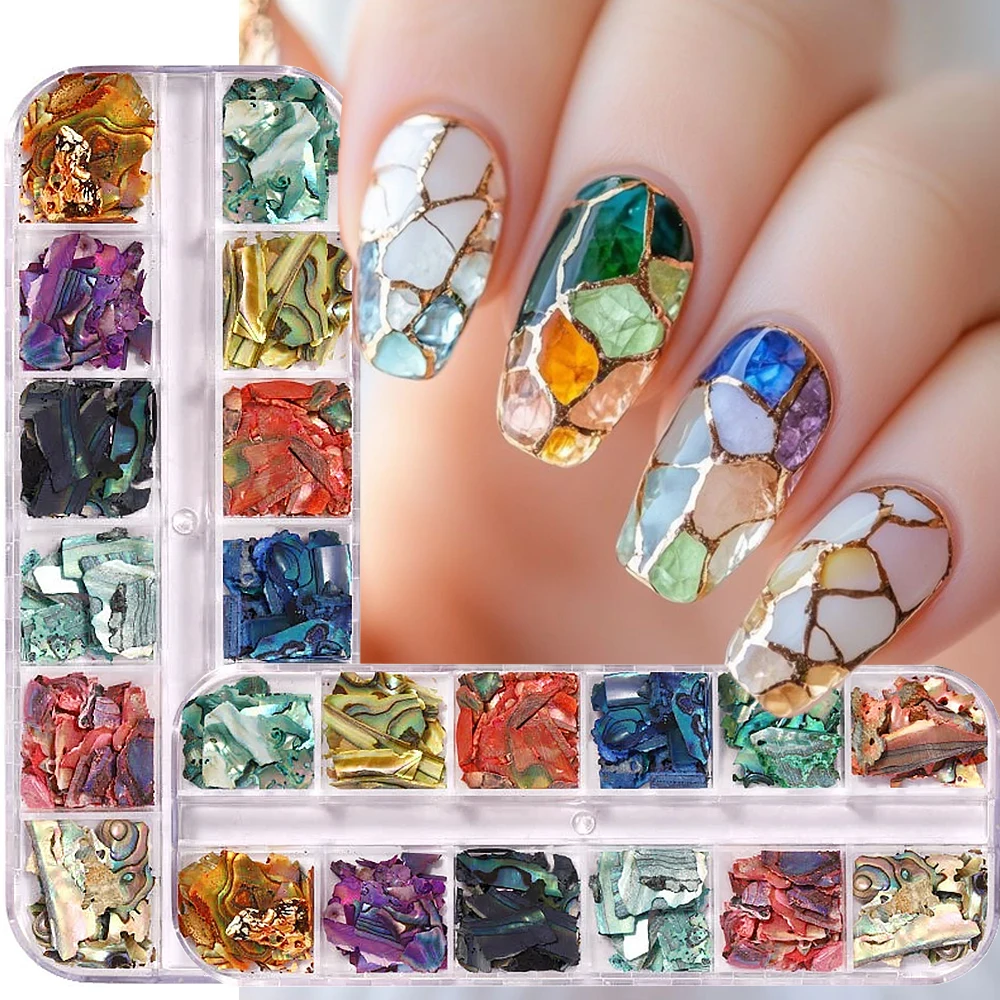 

﻿12Grids Mixed Irregular Abalone Seashell Nail Fragmentsart Charms Holographic Natural Aurora Flake For Marble Nail Decorations