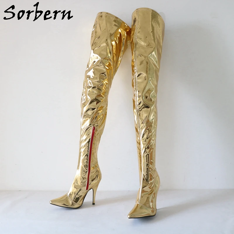 Sorbern Custom Metallic Gold Boots Women 12Cm Stilettos 73-82Cm Crotch Thigh High Pointy Toe Fetish Slim Or Wide Legs Drag Queen