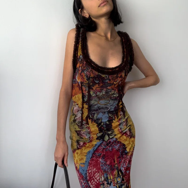 Women's Vintage Oil Painting Print Bodycon Dress Sexy Backless Cut-out Maxi Skirt Slim Fit Slip Dress